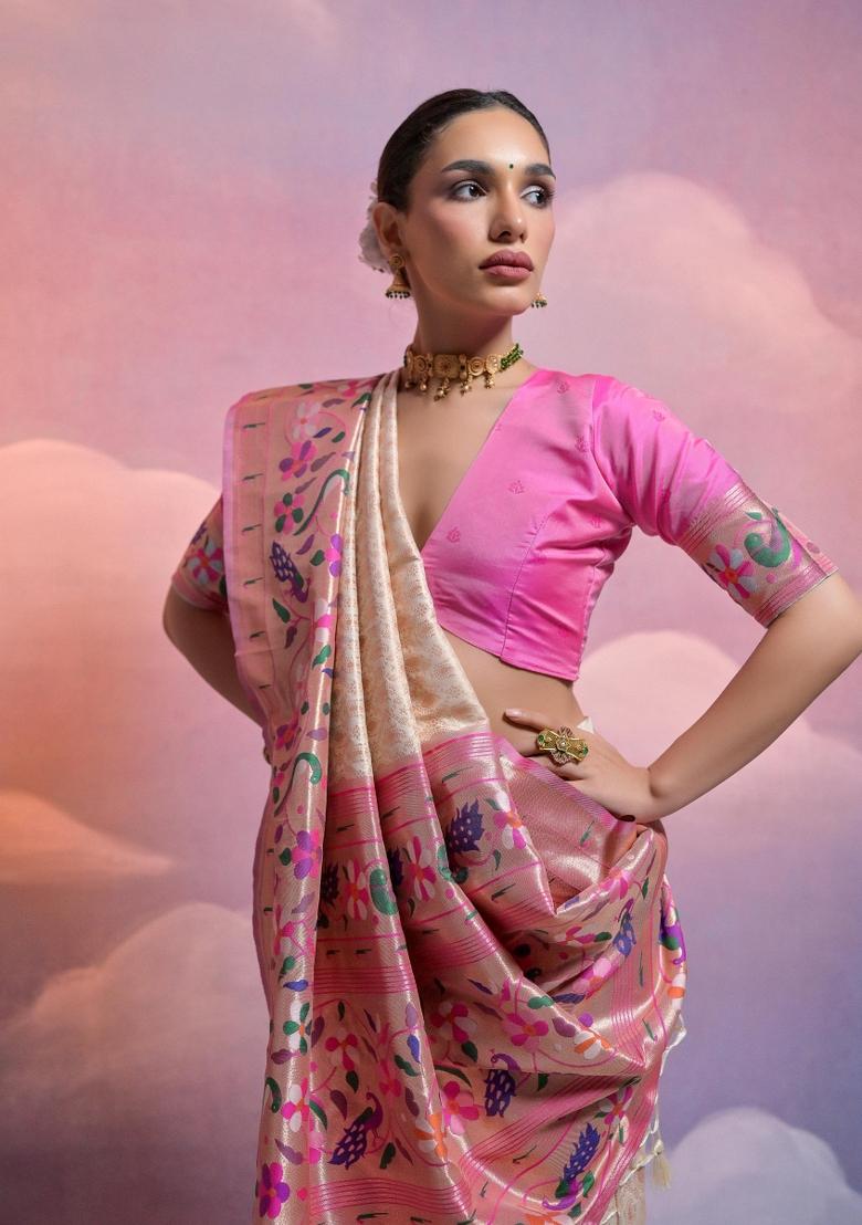 Off-White And Pink Weaving Work Silk Saree Set - Indya