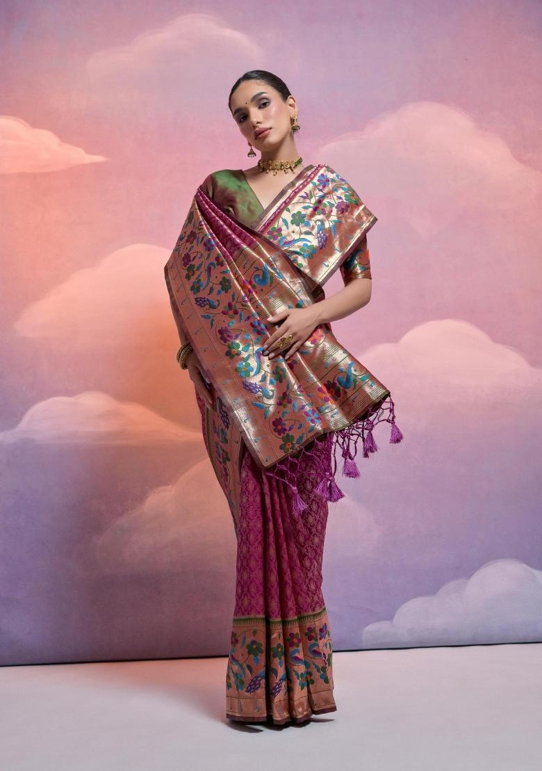 Dark Purple Mehendi Green Weaving Work Silk Saree Set - Indya