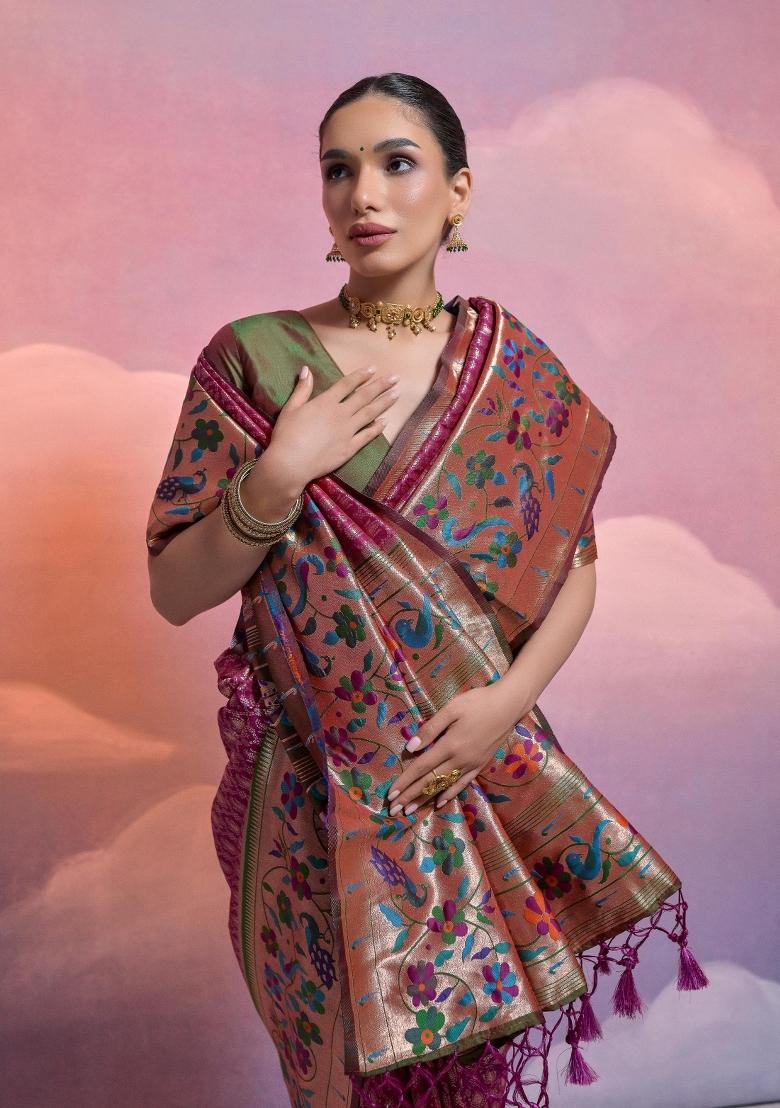 Dark Purple Mehendi Green Weaving Work Silk Saree Set - Indya