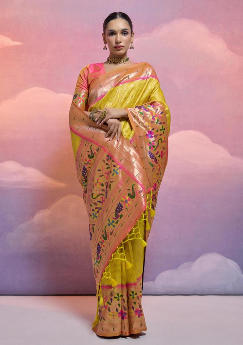 Yellow And Pink Weaving Work Silk Saree Set - Indya