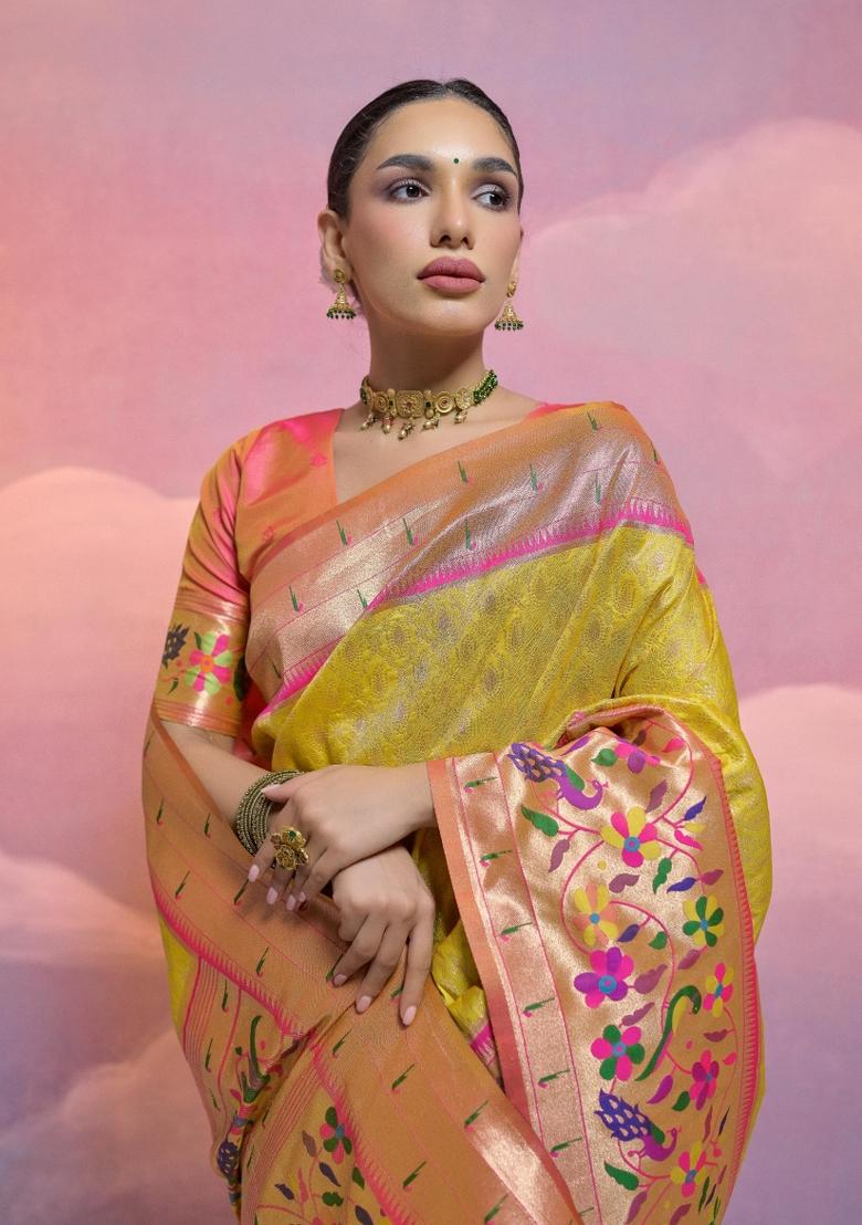Yellow And Pink Weaving Work Silk Saree Set - Indya