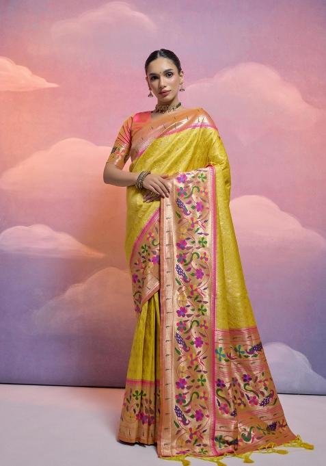 Yellow And Pink Weaving Work Silk Saree Set