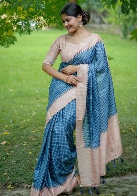 Blue Printed Silk Saree Set