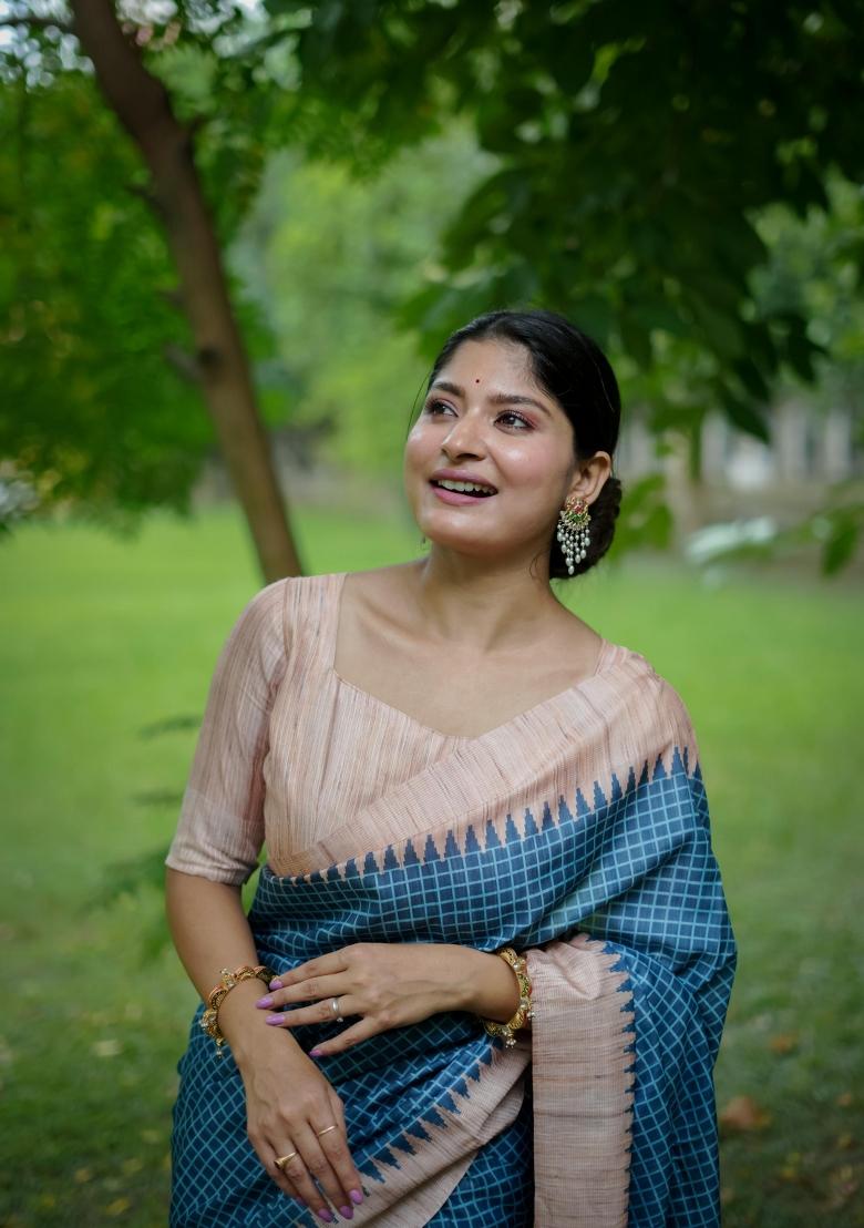 Blue Printed Silk Saree Set - Indya