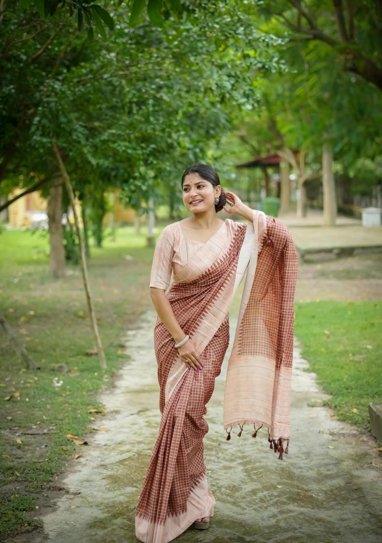 Brown Printed Silk Saree Set - Indya