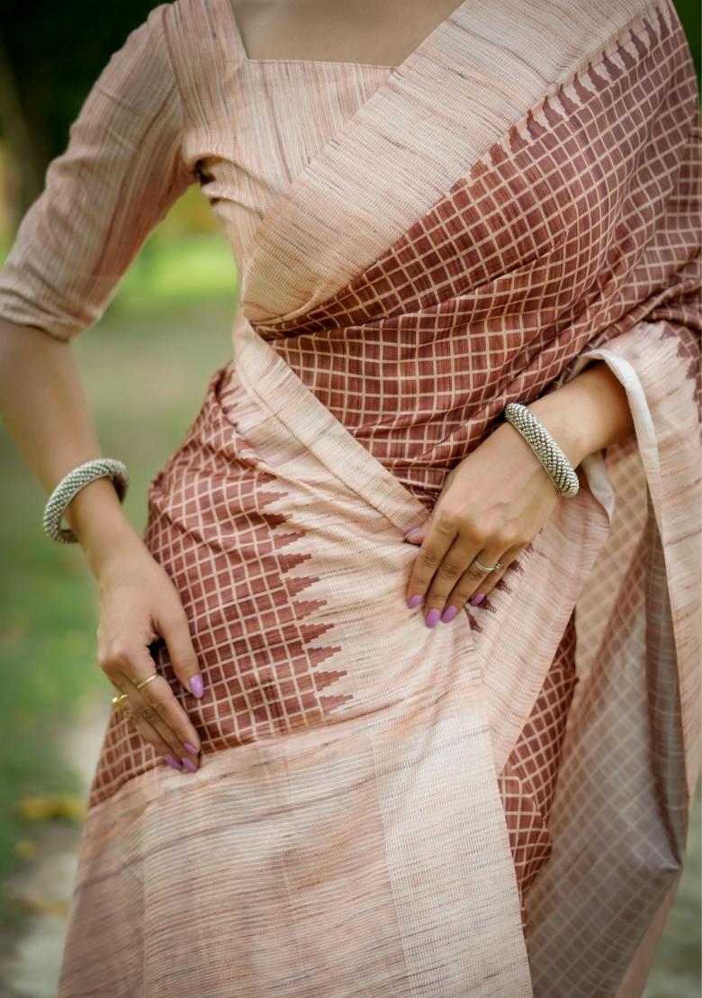 Brown Printed Silk Saree Set - Indya
