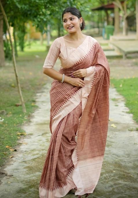 Brown Printed Silk Saree Set