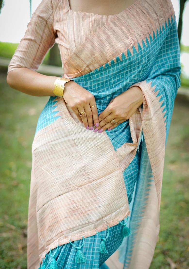 Firozi Printed Silk Saree Set - Indya