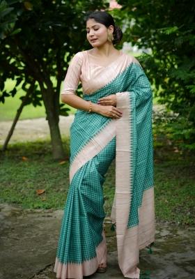 Green Printed Silk Saree Set