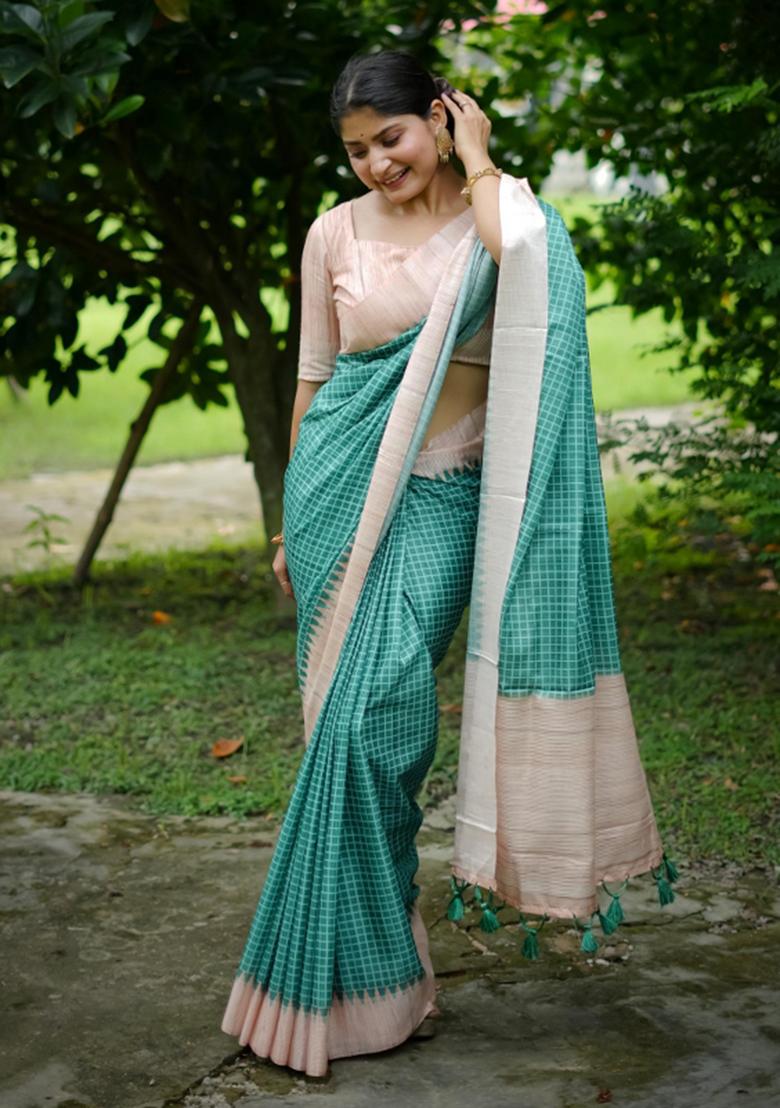 Green Printed Silk Saree Set - Indya