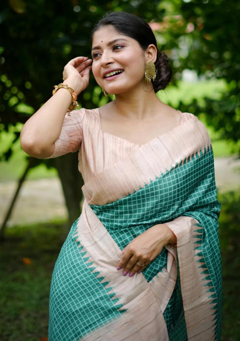 Green Printed Silk Saree Set - Indya