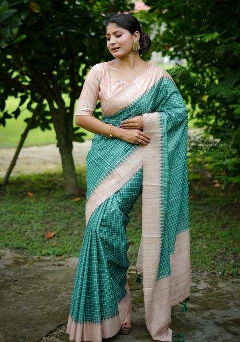 Green Printed Silk Saree Set