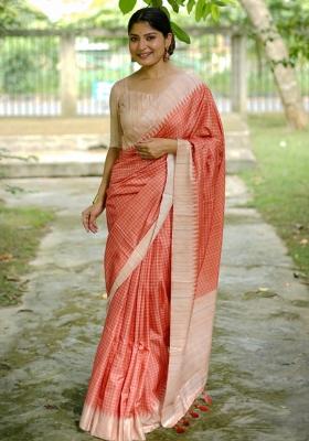 Orange Printed Silk Saree Set