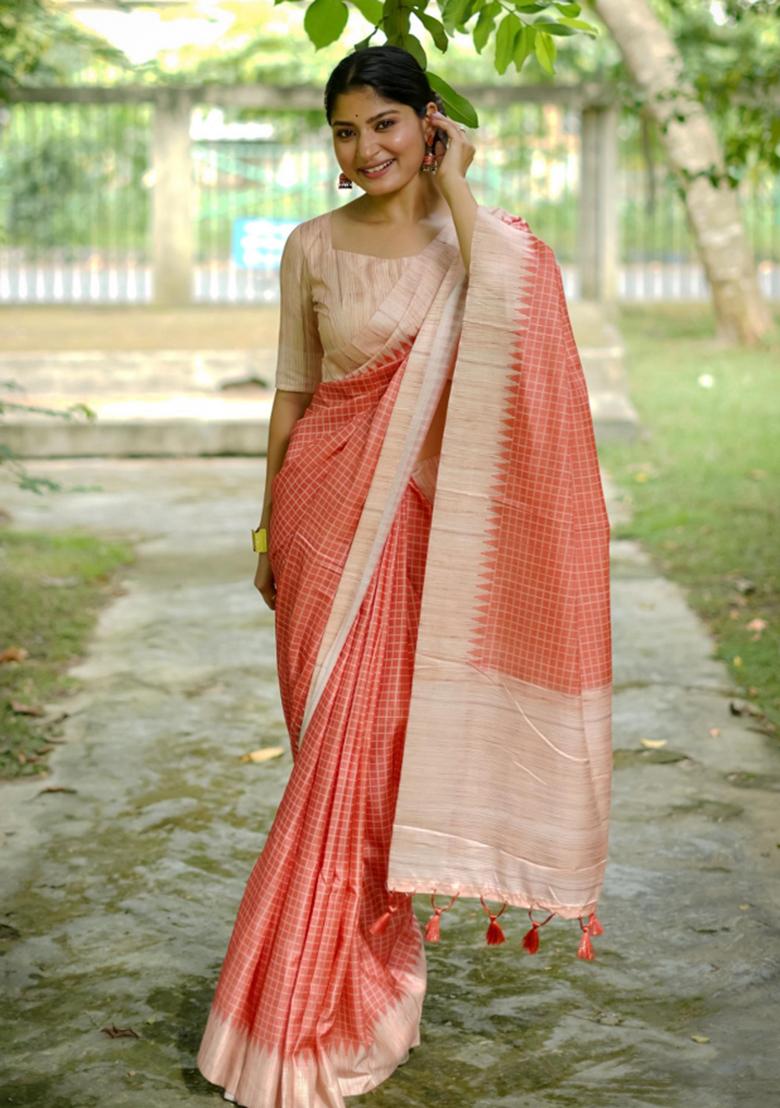 Orange Printed Silk Saree Set - Indya