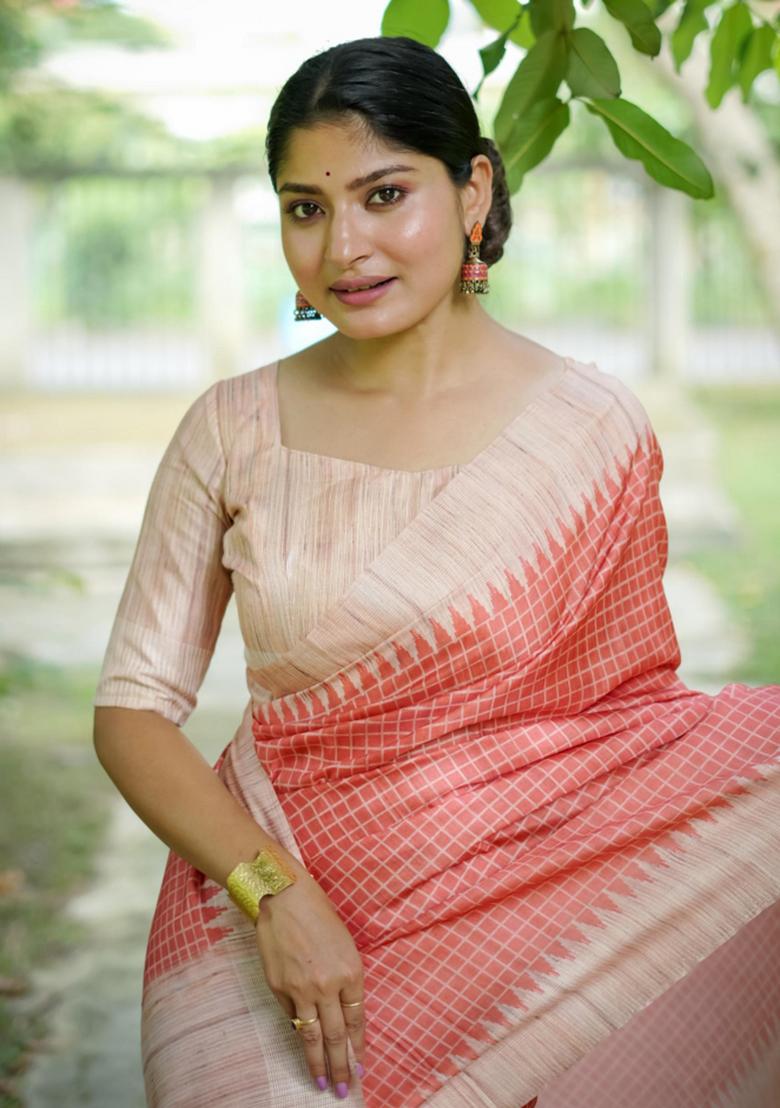 Orange Printed Silk Saree Set - Indya