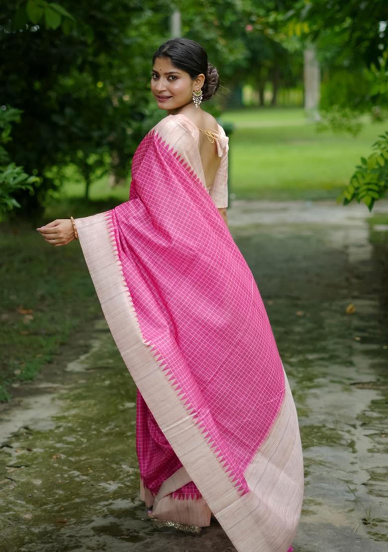 Pink Printed Silk Saree Set - Indya