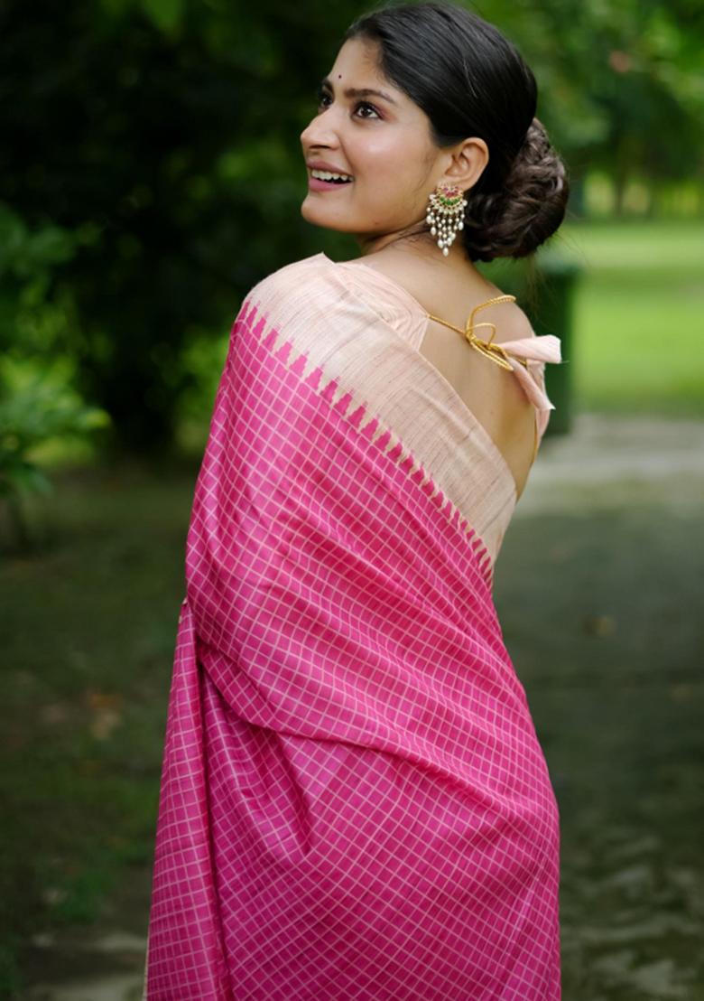 Pink Printed Silk Saree Set - Indya