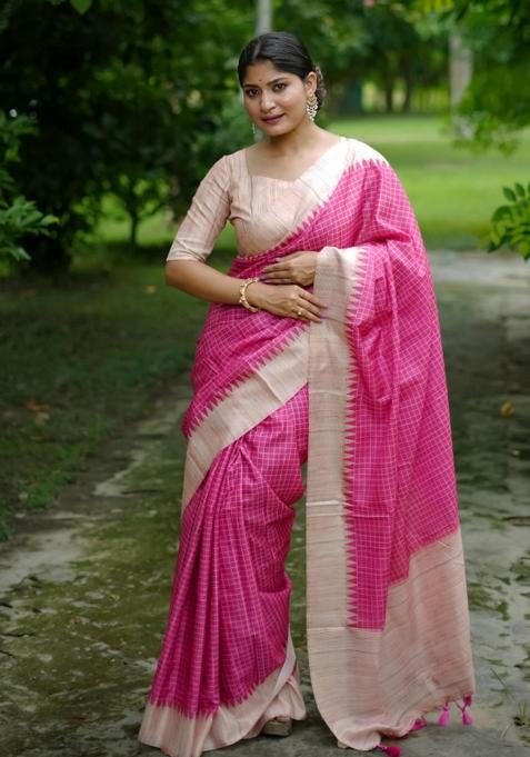Pink Printed Silk Saree Set