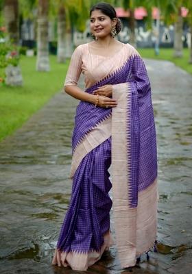 Purple Printed Silk Saree Set