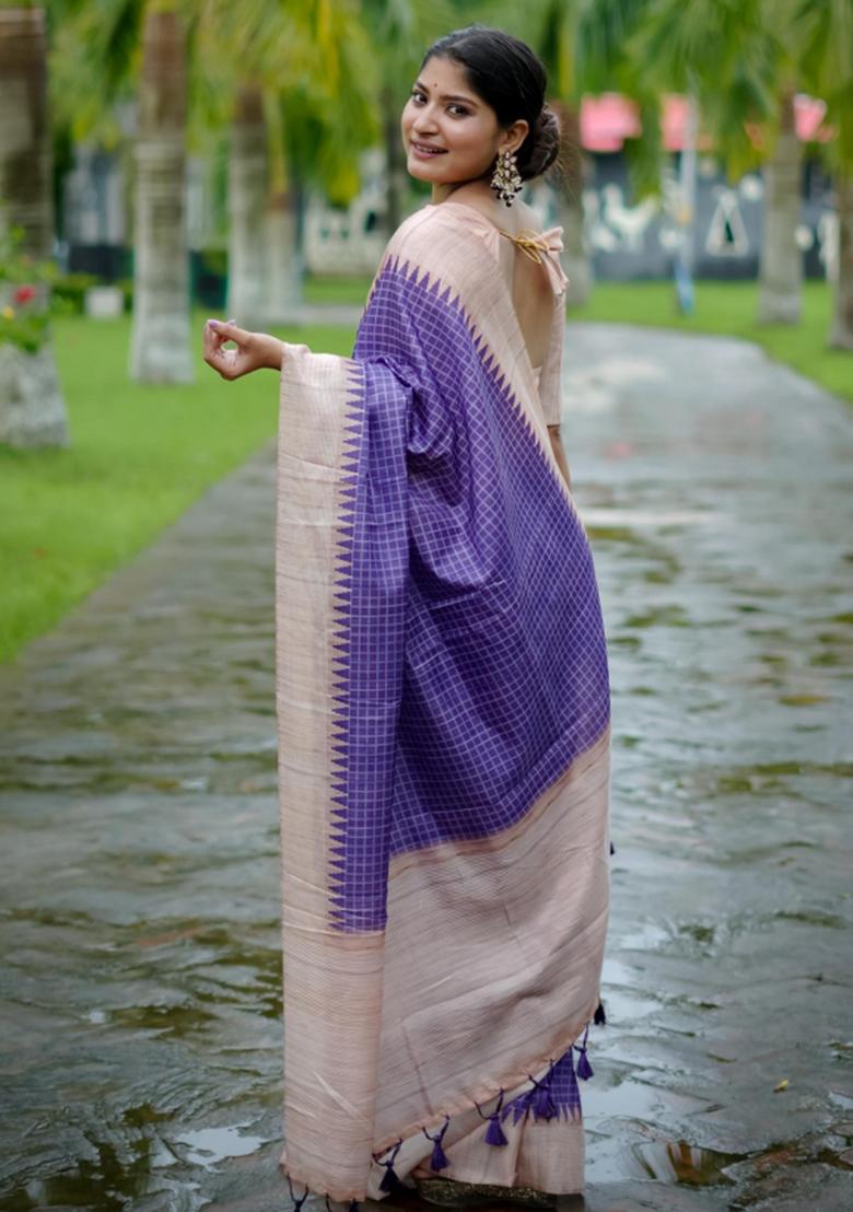 Purple Printed Silk Saree Set - Indya