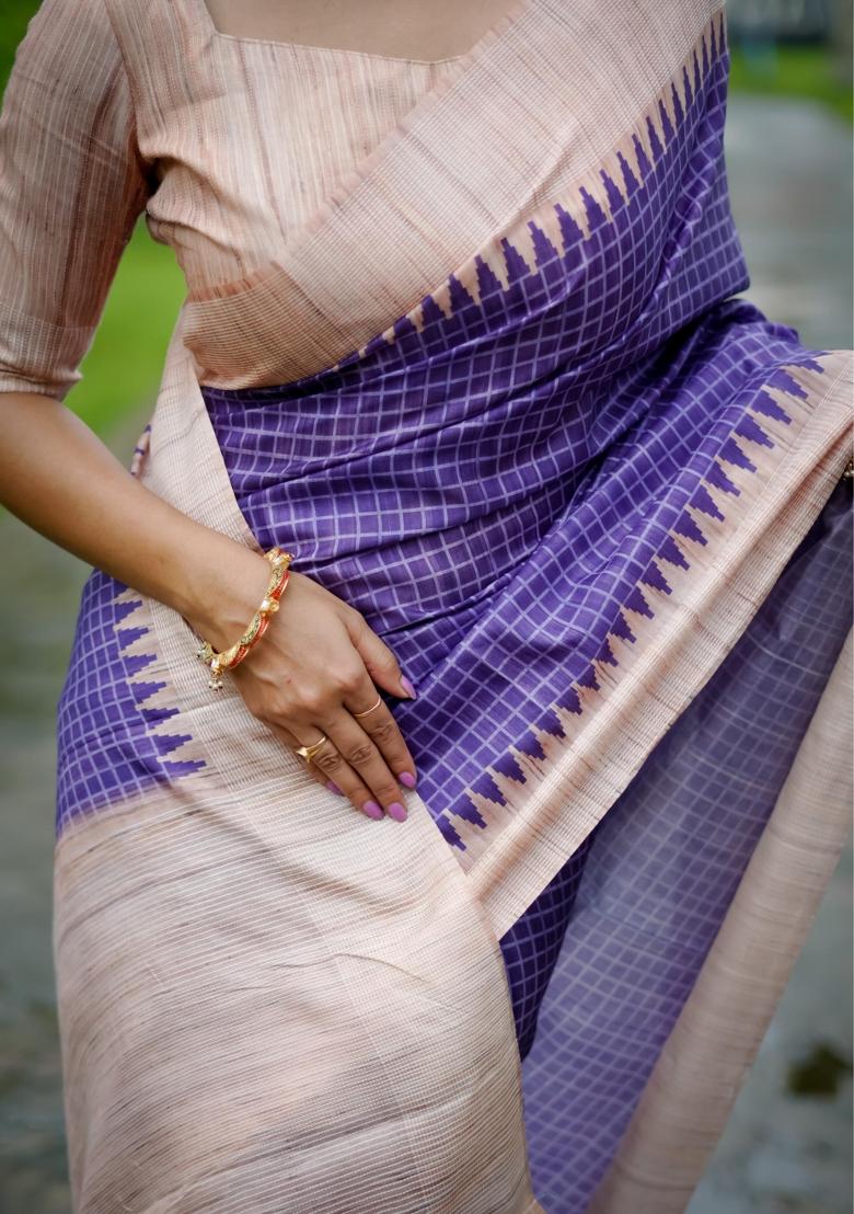 Purple Printed Silk Saree Set - Indya