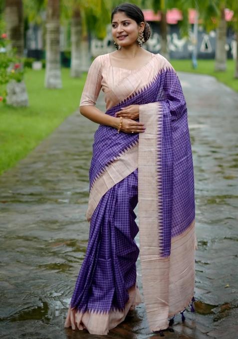 Purple Printed Silk Saree Set