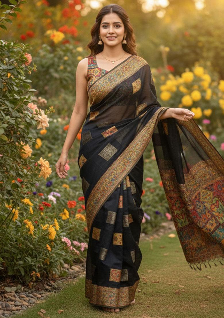 Multicolor Zari Work Silk Saree Set - Indya