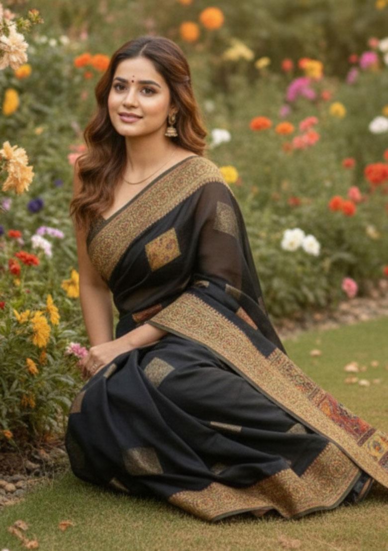 Multicolor Zari Work Silk Saree Set - Indya