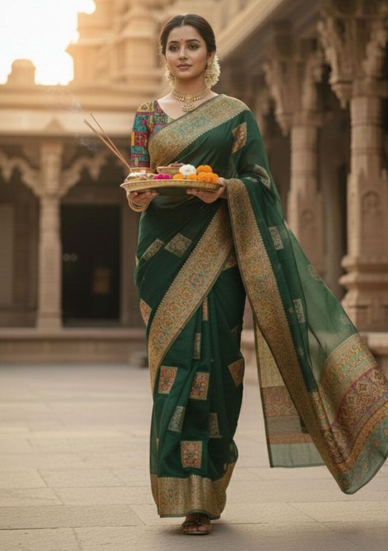 Multicolor Zari Work Silk Saree Set - Indya