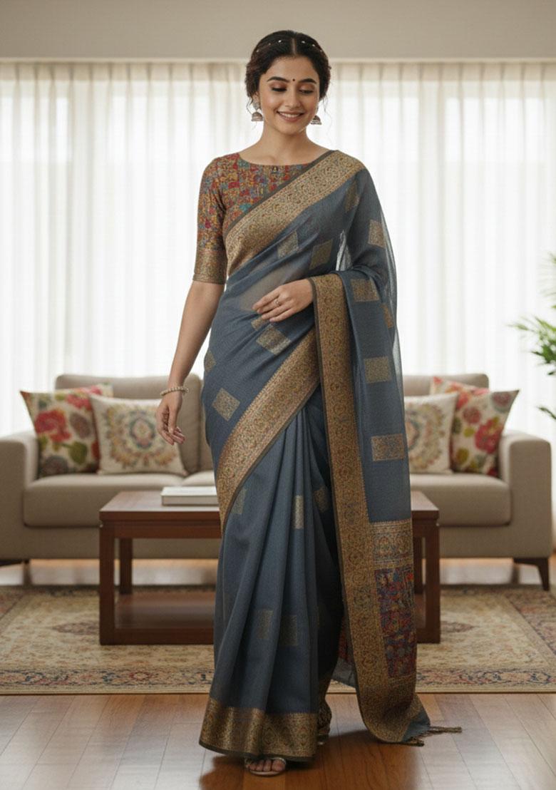 Multicolor Zari Work Silk Saree Set - Indya