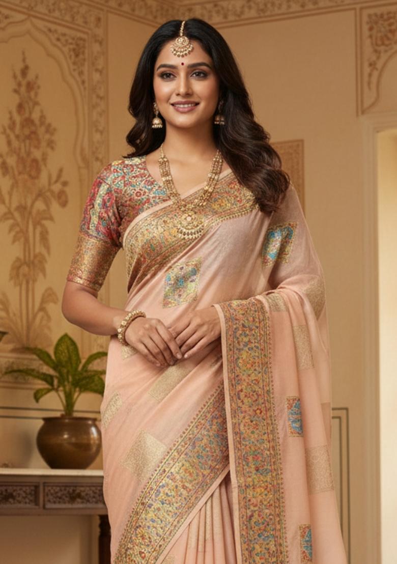 Multicolor Zari Work Silk Saree Set - Indya