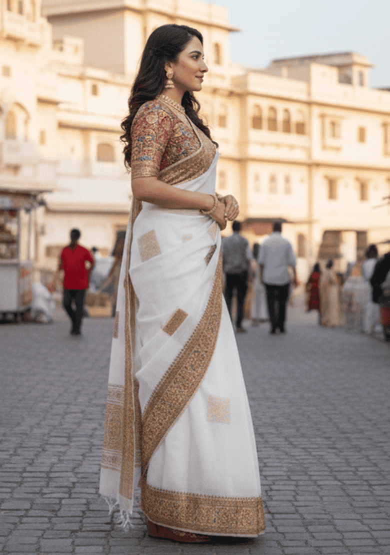 Multicolor Zari Work Silk Saree Set - Indya