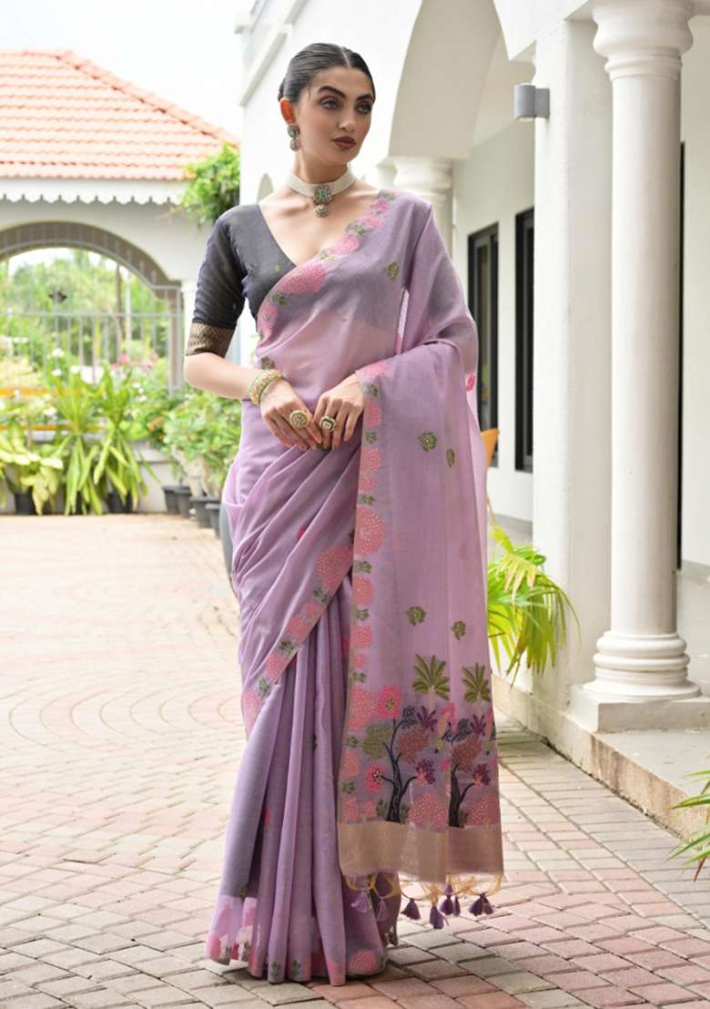 Lavender Black Weaving Work Cotton Saree Set - Indya