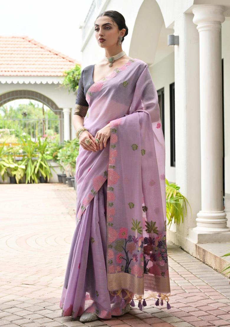 Lavender Black Weaving Work Cotton Saree Set - Indya