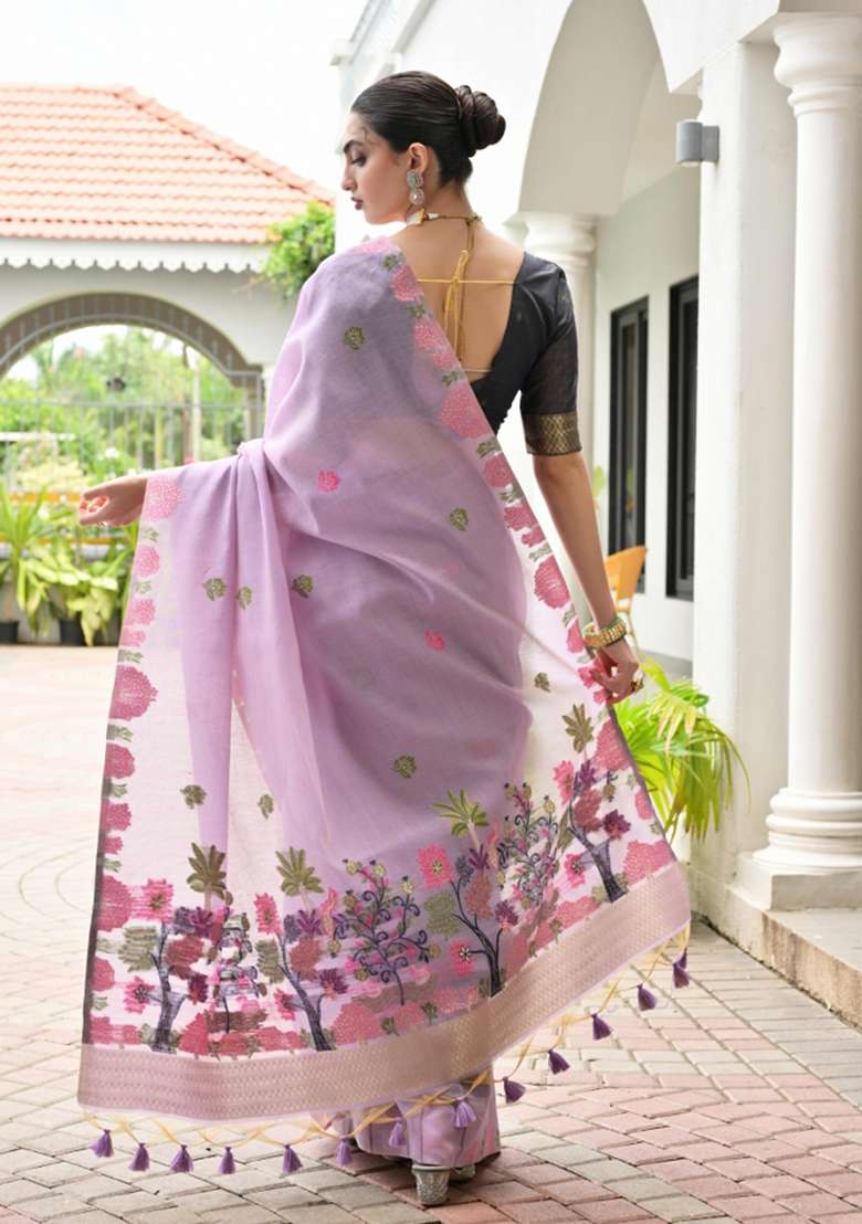Lavender Black Weaving Work Cotton Saree Set - Indya