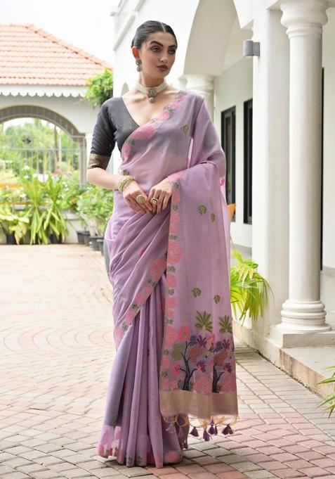 Lavender Black Weaving Work Cotton Saree Set