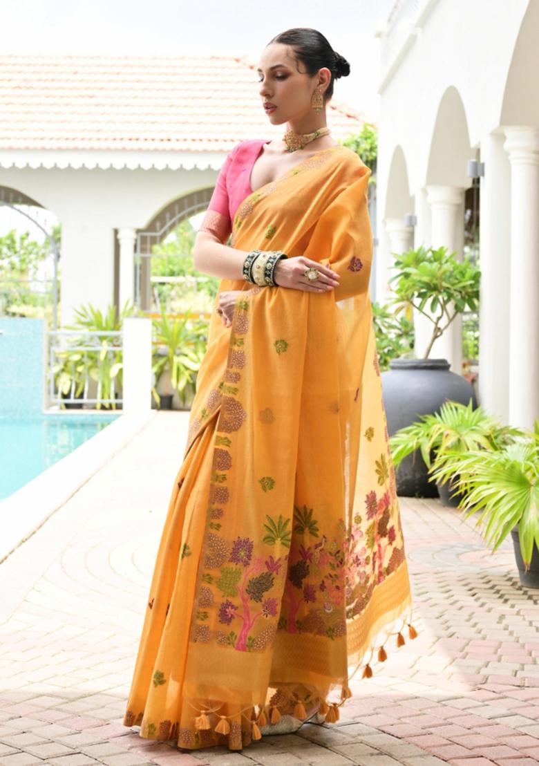 Mustard Pink Weaving Work Cotton Saree Set - Indya