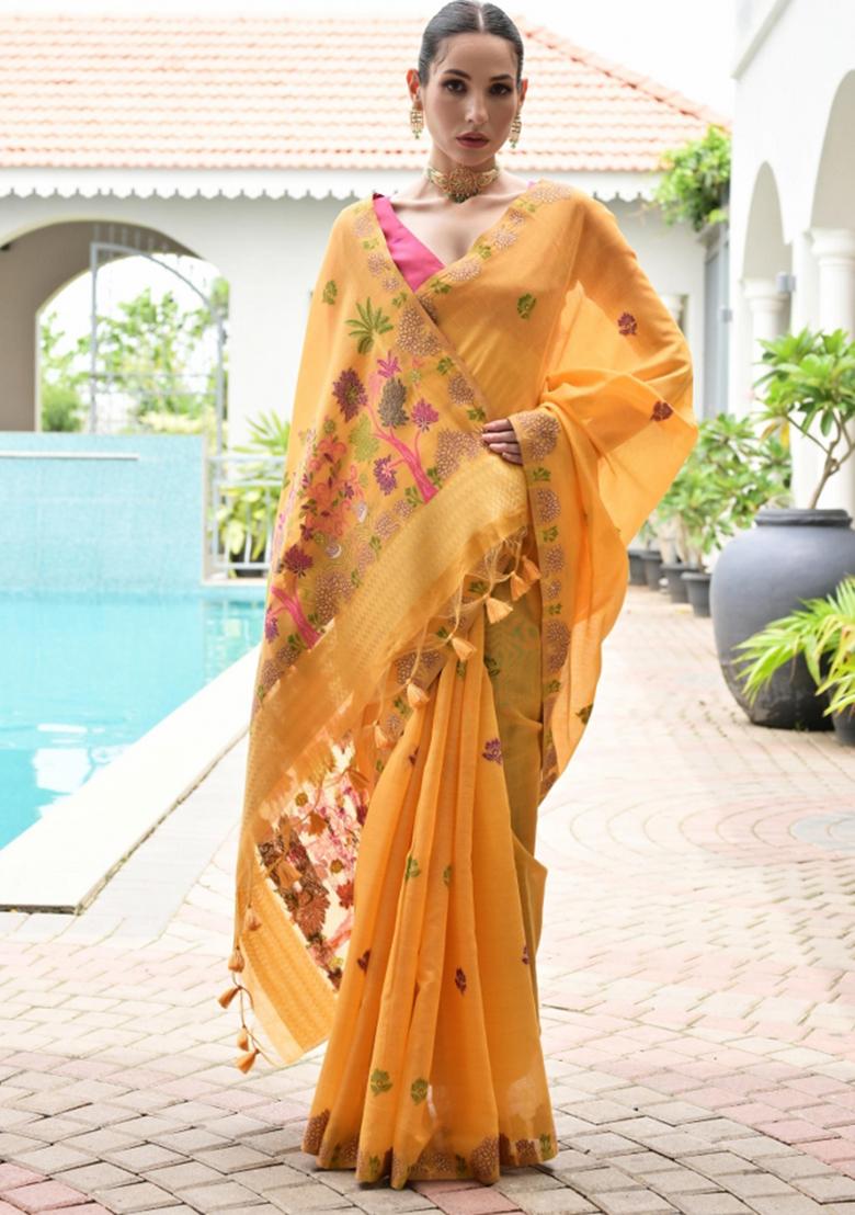 Mustard Pink Weaving Work Cotton Saree Set - Indya