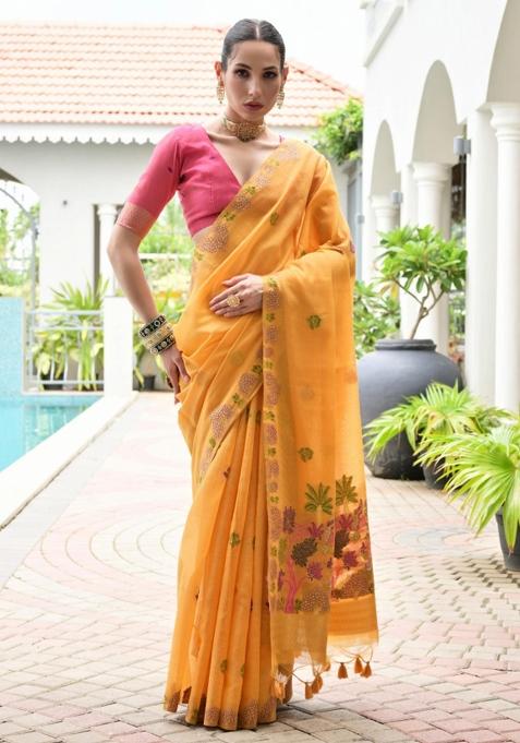 Mustard Pink Weaving Work Cotton Saree Set