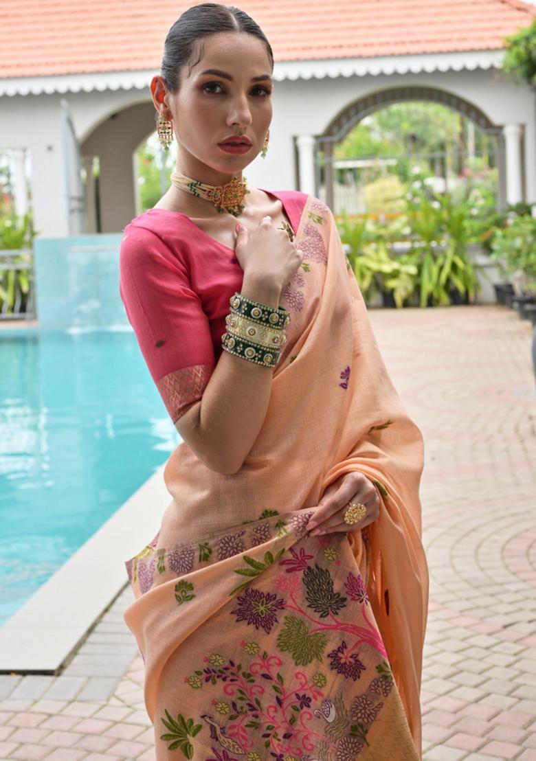 Peach Pink Weaving Work Cotton Saree Set - Indya