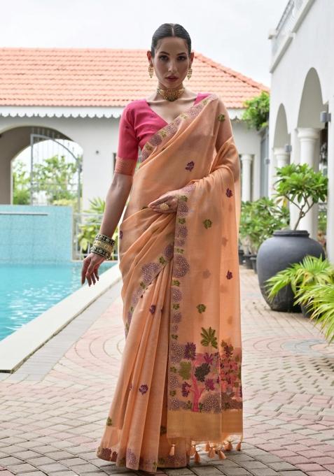 Peach Pink Weaving Work Cotton Saree Set