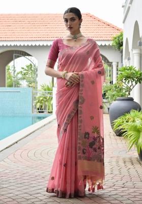 Pink Weaving Work Cotton Saree Set