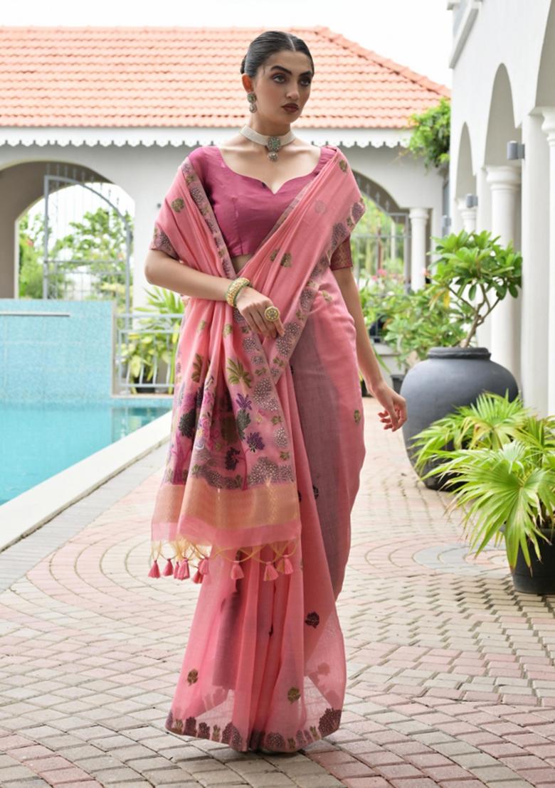 Pink Weaving Work Cotton Saree Set - Indya
