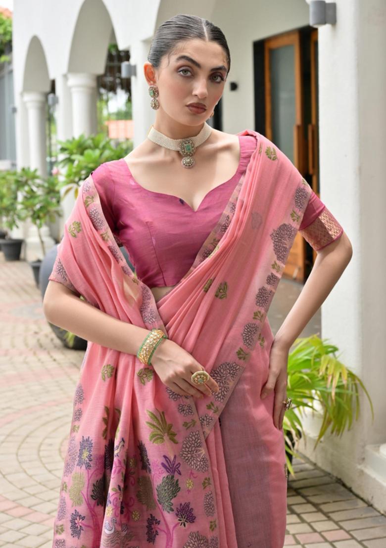 Pink Weaving Work Cotton Saree Set - Indya