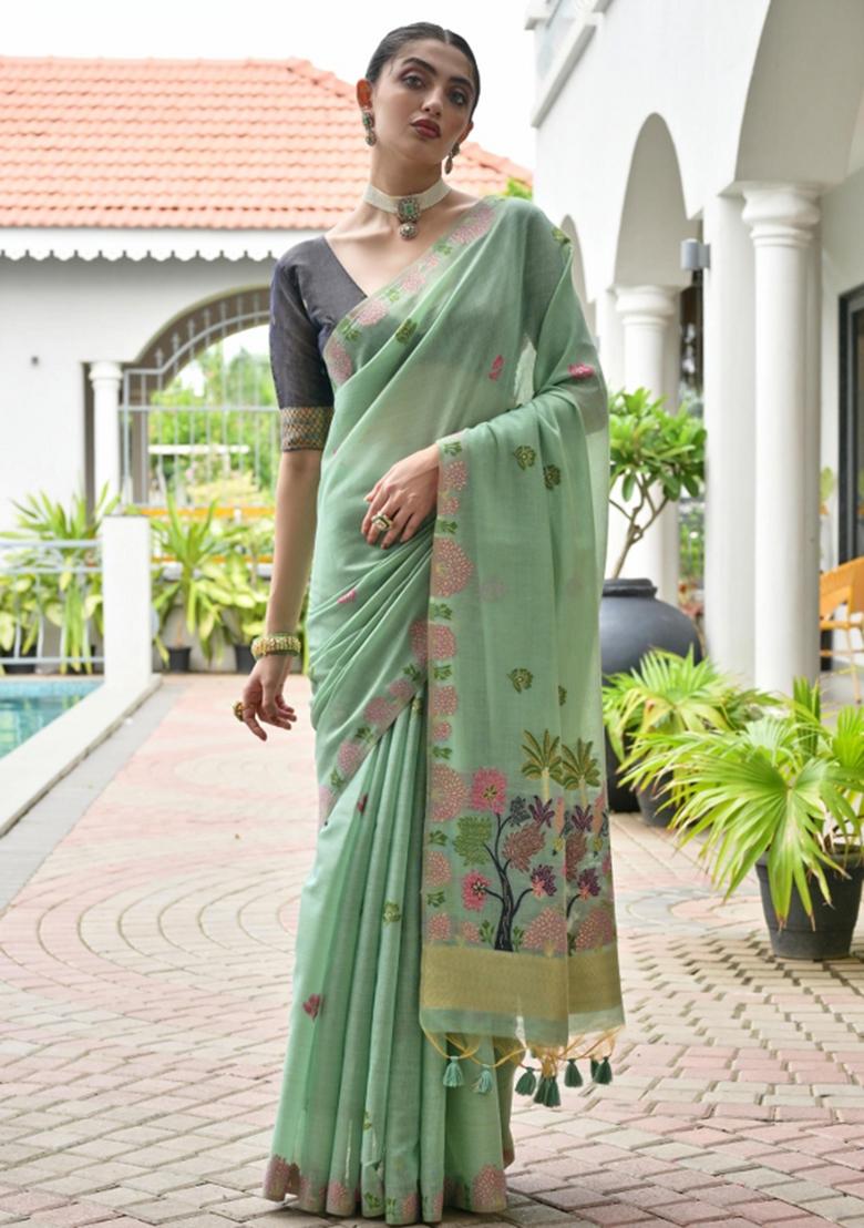 Sea Green Black Weaving Work Cotton Saree Set - Indya
