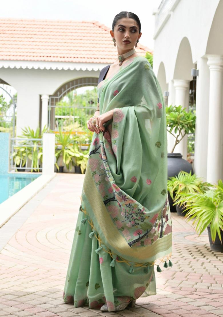 Sea Green Black Weaving Work Cotton Saree Set - Indya