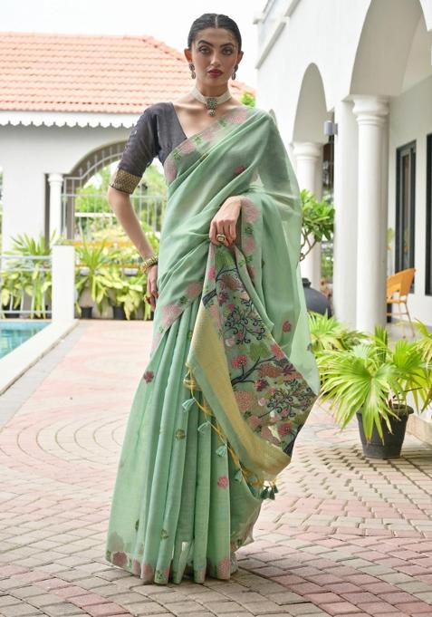 Sea Green Black Weaving Work Cotton Saree Set
