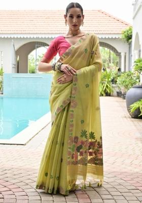 Yellow And Pink Weaving Work Cotton Saree Set