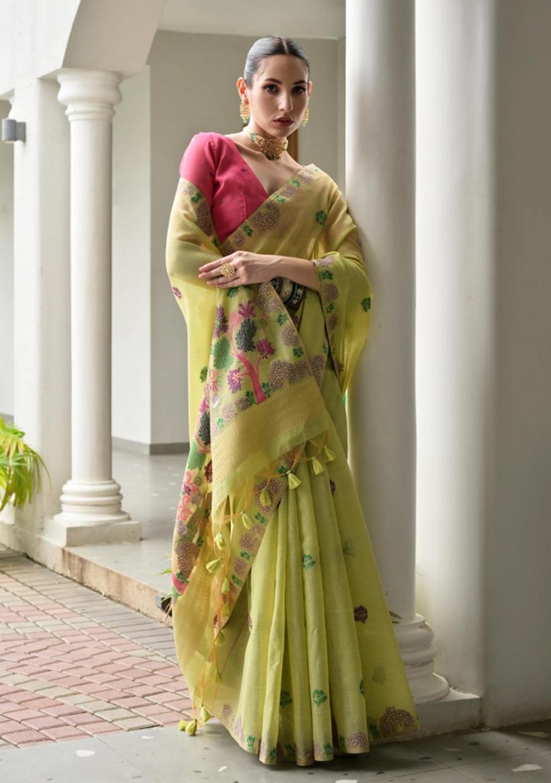 Yellow And Pink Weaving Work Cotton Saree Set - Indya