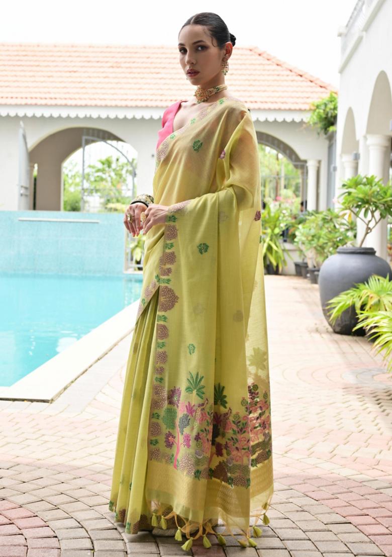 Yellow And Pink Weaving Work Cotton Saree Set - Indya